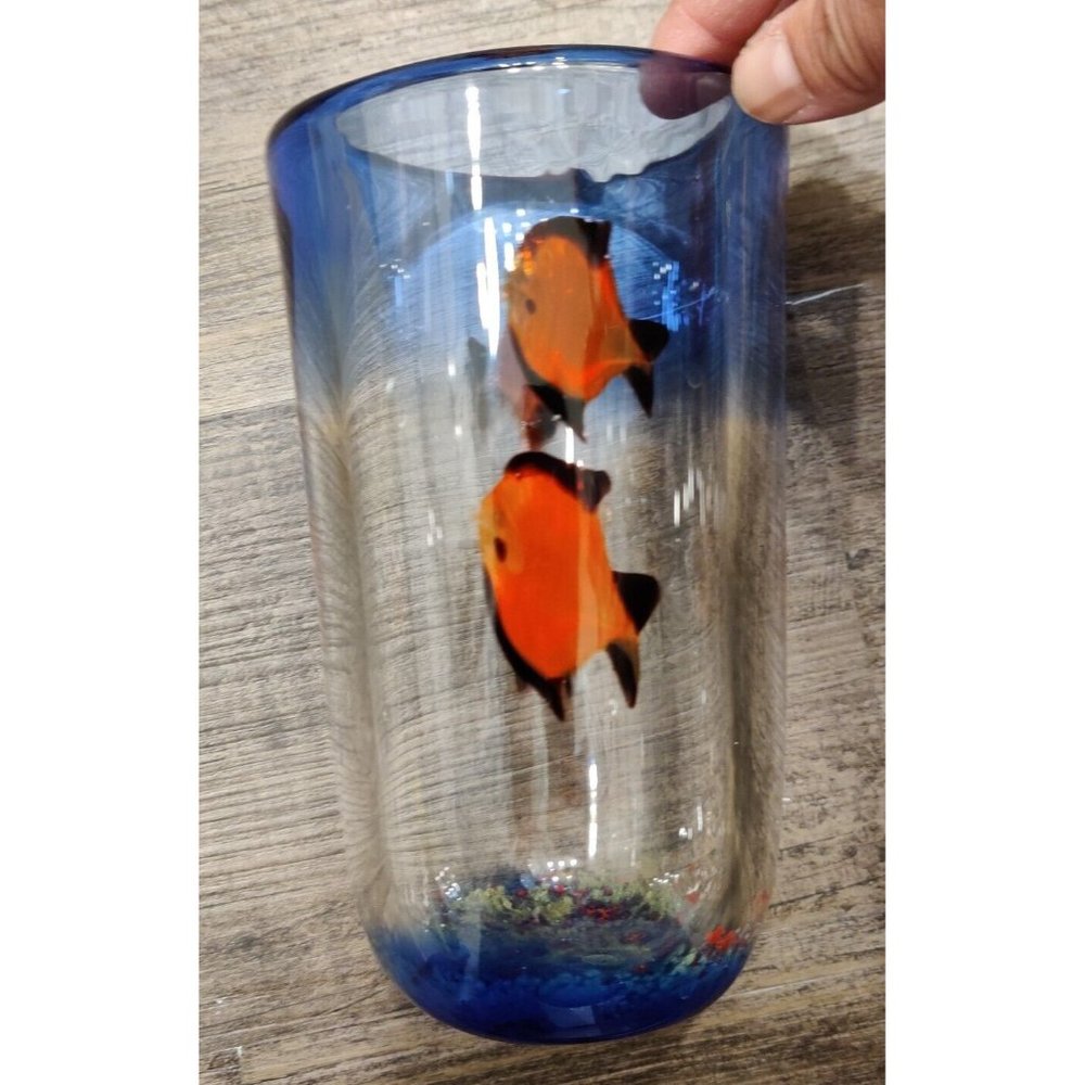 Vtg Murano? Cylinder Art Glass Ocean Fishes Vase Decor Cobalt Blue Rim 7x4"